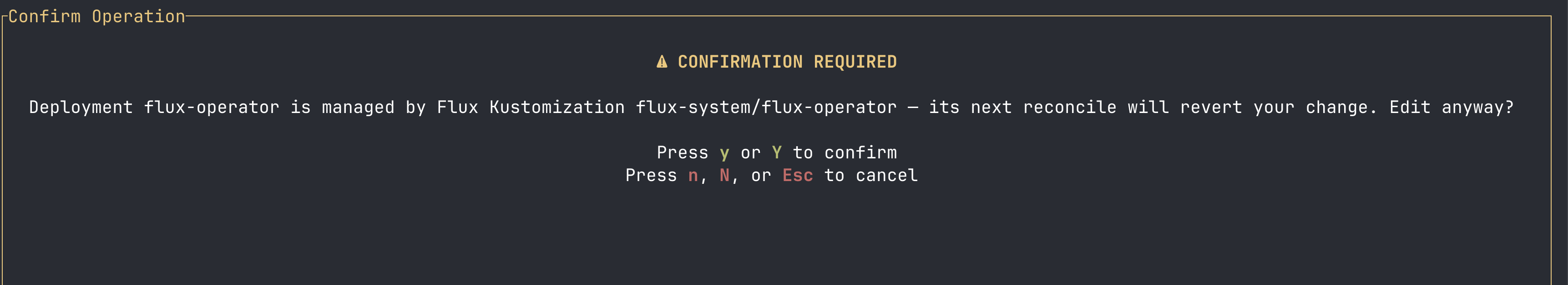 The warning before editing a Flux-managed Deployment