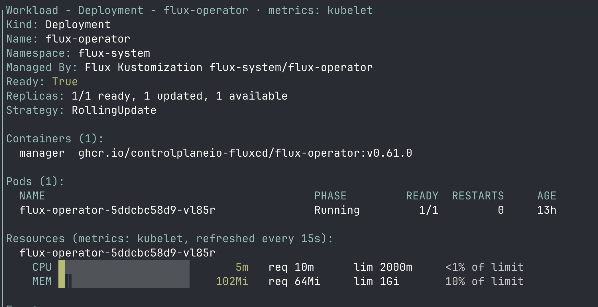 Workload detail with live CPU and memory against requests and limits